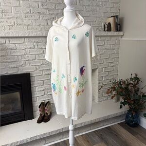Vintage BlueIsland Waffle Knit Hooded Beach Cover Up - Embroidered Tropical Fish